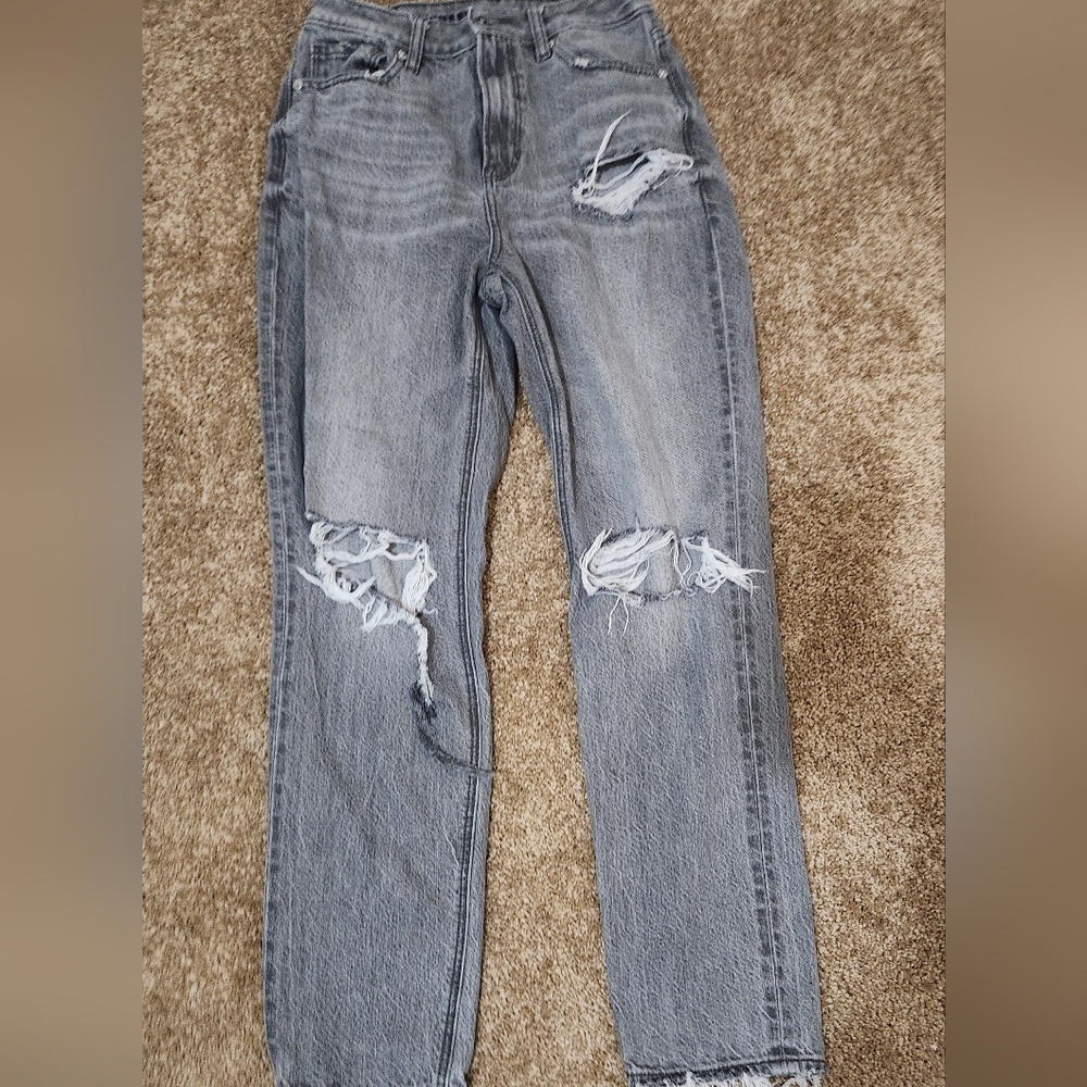 Black ,high waisted, wide-legged ,ripped jeans